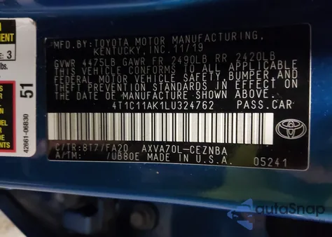 2020 Toyota Camry Le z USA, uszkodzony, nr VIN 4T1C11AK1LU324762